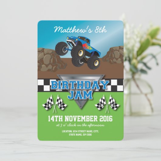 Racing Monster Jam Truck Verjaardagsfeest Kaart (Staand voorkant)