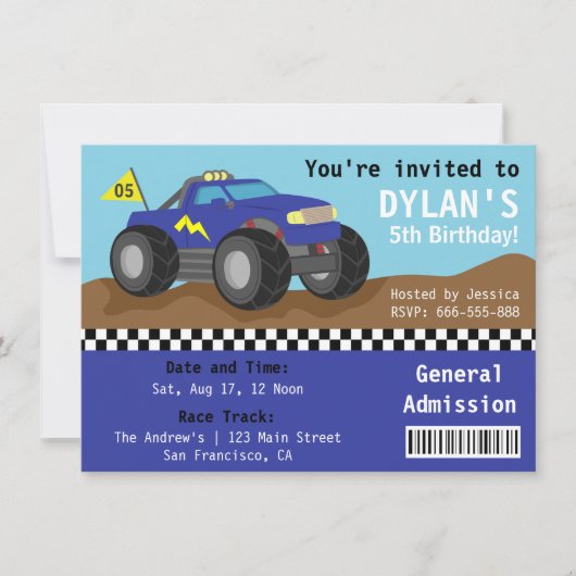Racing Monster Truck Party, Blue Admission Ticket Kaart (Voorkant)