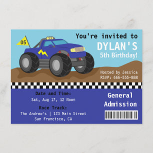 Racing Monster Truck Party, Blue Admission Ticket Kaart