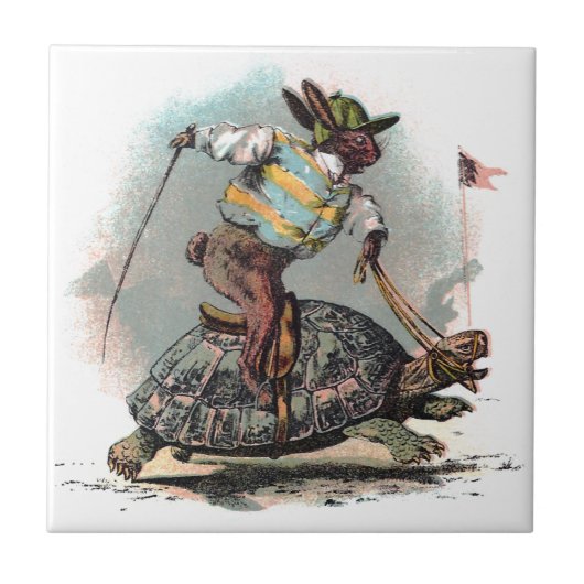 Racing Rabbit Riding Tortoise Tegeltje (Voorkant)