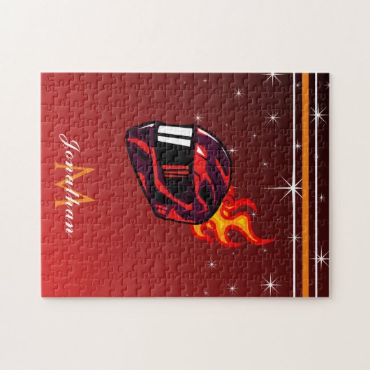 Racing Red Helmet Name & Monogram Sparkle Initiaal Legpuzzel (Horizontaal)