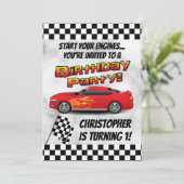 Racing Red Race Car Checkered Boy's Birthday Party Kaart (Staand voorkant)