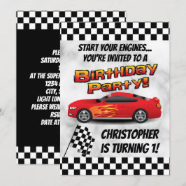 Racing Red Race Car Checkered Boy's Birthday Party Kaart