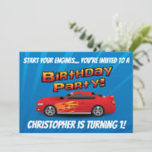 Racing Red Race Car Flames Boy's Birthday Party Kaart (Staand voorkant)