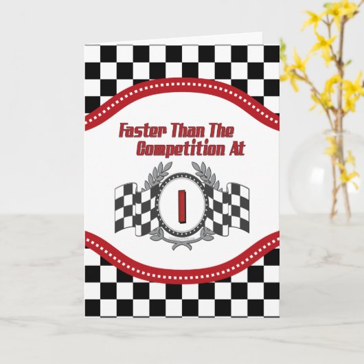 Racing thema 1e verjaardag kaart (Gele Bloem)