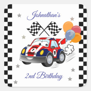 Racing verjaardagsfeestje   Race Car & Geruite Vla Vierkante Sticker