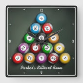 Rack Em Pool Hall Billiards Personeelsgamkamer Vierkante Klok (Voorkant)