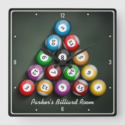 Rack Em Pool Hall Billiards Personeelsgamkamer Vierkante Klok (Voorkant)