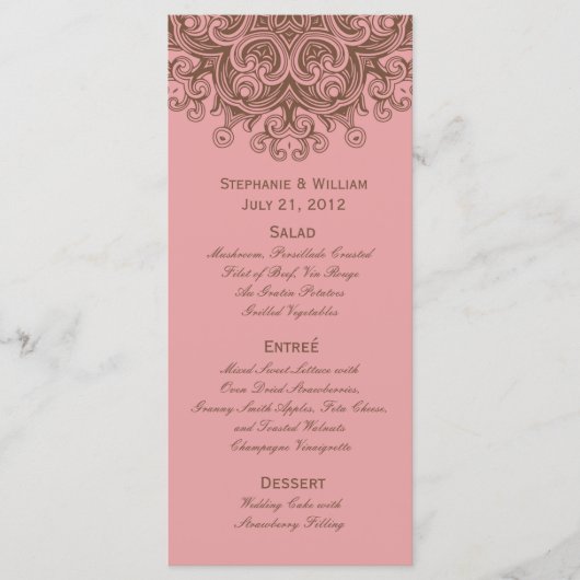 Rack-Kaart van het Roze en bruine Wedding Menu (Voorkant)