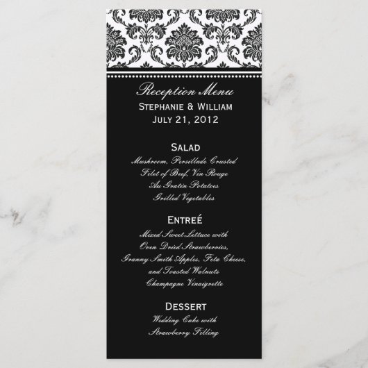 Rack-Kaart van het zwarte en witte Damask Wedding Menu (Voorkant)