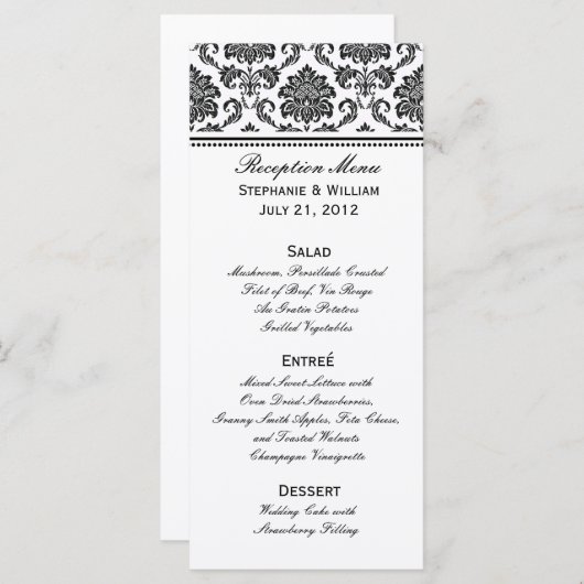 Rack-Kaart van het zwarte en witte Damask Wedding  Menu (Voorkant / Achterkant)