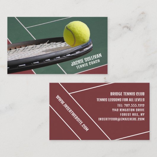 Racket & Ball, Tennis Player/Coach/Instructor Visitekaartje (Voorkant / Achterkant)