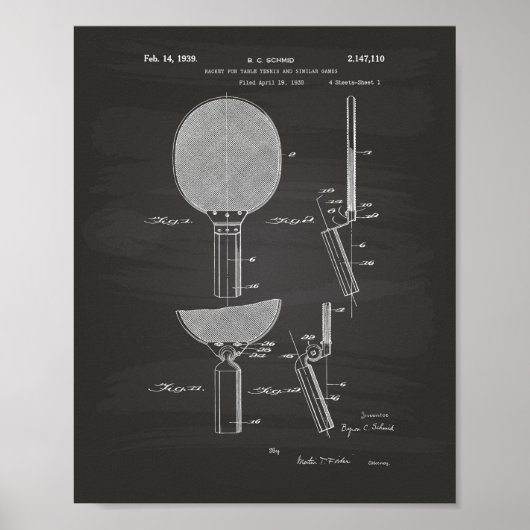 Racket Table Tennis 1939 Patent Art - Chalkboard Poster (Voorkant)