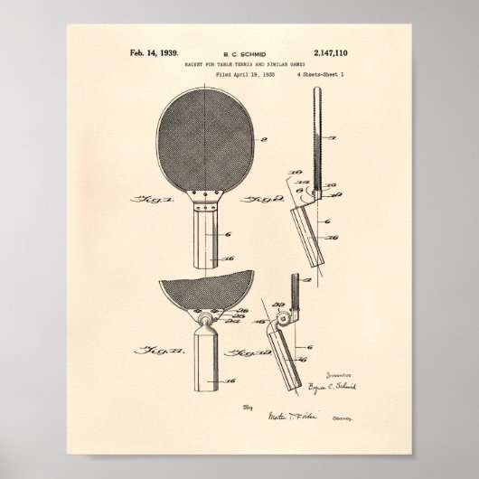 Racket Table Tennis 1939 Patent Art - Old Peper Poster (Voorkant)