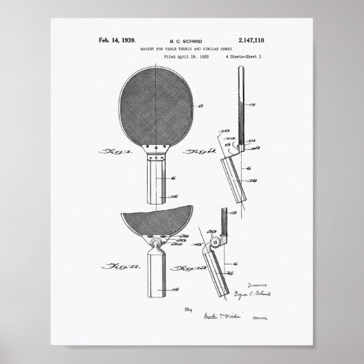 Racket Table Tennis 1939 Patent Art - Witboek Poster (Voorkant)