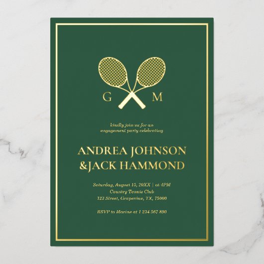 Rackets Monogram Tennis Speler Betrokkenheid Echt Folie Uitnodiging (Voorkant)