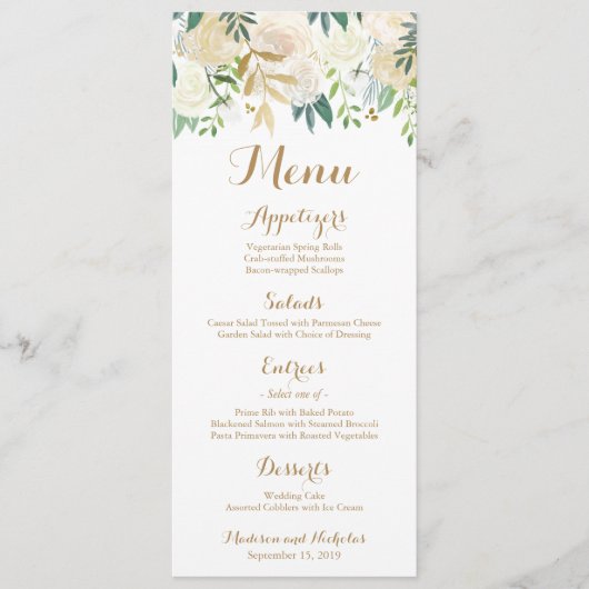 Rackkaarten van het menu Gold en White Flower Wedd (Voorkant)
