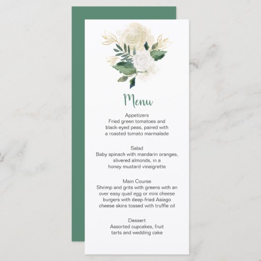 Rackkaarten voor cream White Roses Glitter Greener Menu (Voorkant / Achterkant)