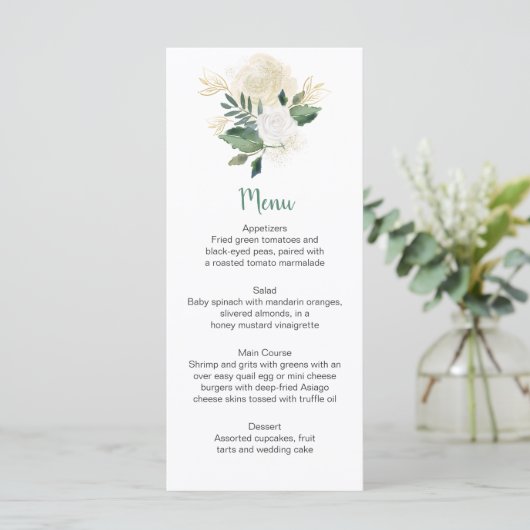 Rackkaarten voor cream White Roses Glitter Greener Menu (Staand voorkant)