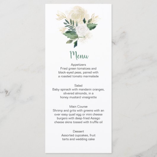Rackkaarten voor cream White Roses Glitter Greener Menu (Voorkant)