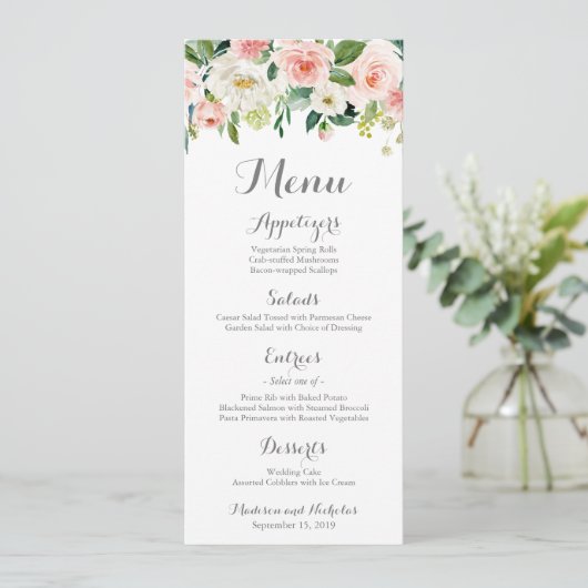 Rackkaarten voor roze en witte felle bruiloft menu (Staand voorkant)