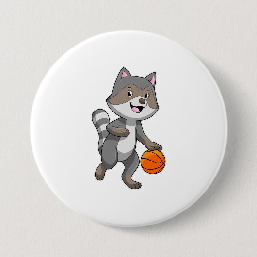 Racoon als Basketball-speler met Basketball Ronde Button 7,6 Cm (Voorkant)