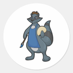 Racoon als schilder met penseel ronde sticker