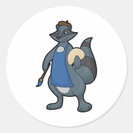 Racoon als schilder met penseel ronde sticker (Voorkant)