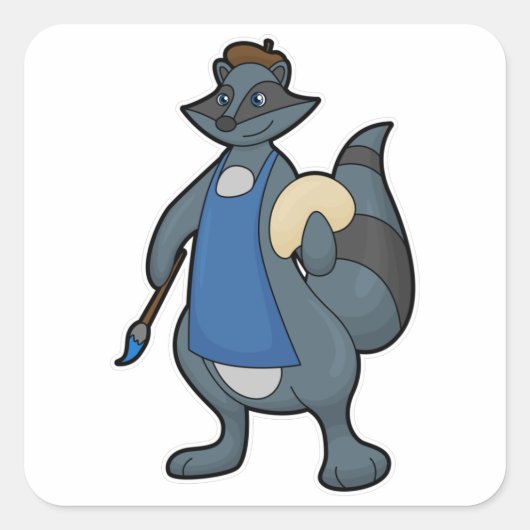 Racoon als schilder met penseel vierkante sticker (Voorkant)