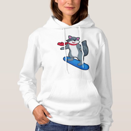 Racoon als Snowboarder met Snowboard en Scarf Hoodie (Voorkant)