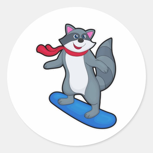 Racoon als Snowboarder met Snowboard en Scarf Ronde Sticker (Voorkant)