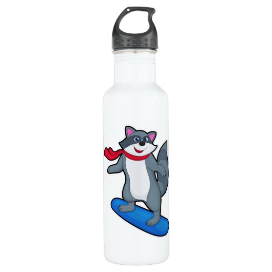 Racoon als Snowboarder met Snowboard en Scarf Waterfles (Voorkant)