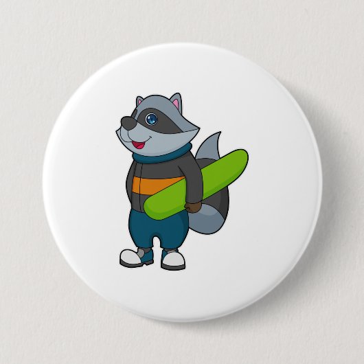 Racoon als Snowboarder met Snowboard Ronde Button 7,6 Cm (Voorkant)