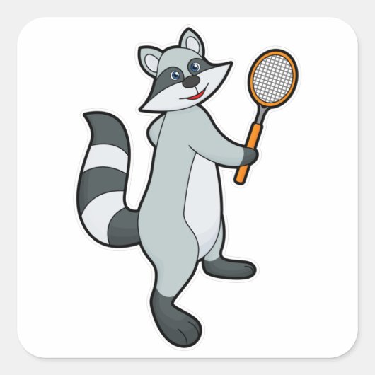 Racoon als Tennis-speler met Tennis-racket Vierkante Sticker (Voorkant)