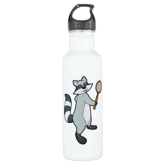 Racoon als Tennis-speler met Tennis-racket Waterfles (Voorkant)