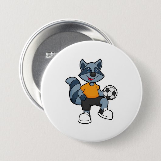 Racoon als voetbalspeler met Voetbal Ronde Button 7,6 Cm (Voorkant /achterkant)