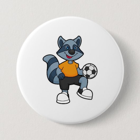 Racoon als voetbalspeler met Voetbal Ronde Button 7,6 Cm (Voorkant)