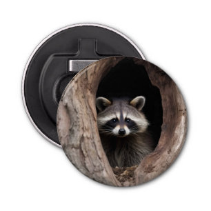 Racoon in boomgrot button flesopener