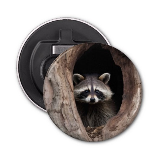 Racoon in boomgrot button flesopener (Voorkant)