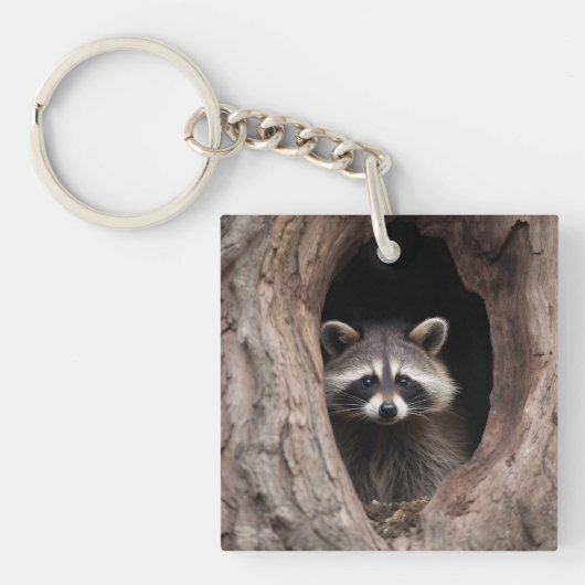 Racoon in boomgrot sleutelhanger (Voorkant)