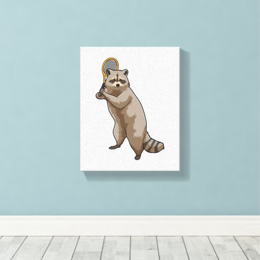 Racoon in Tennis met Tennis racket Canvas Afdruk (Insitu (Houten vloer))