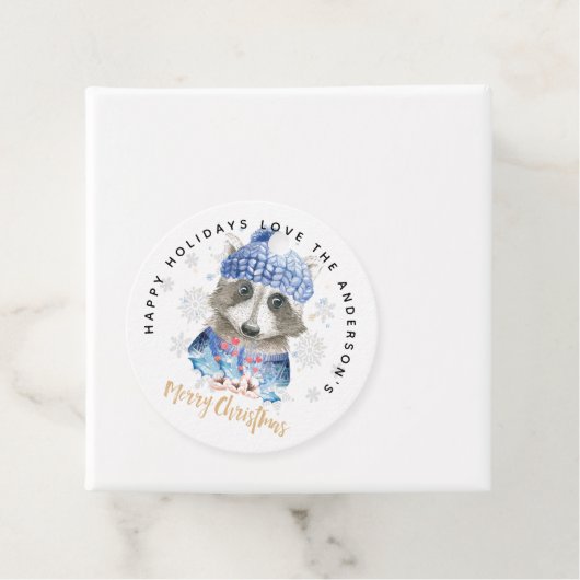Racoon-kerstcadeautjes met blauwe Waterverf Bedankjes Labels (In situ)