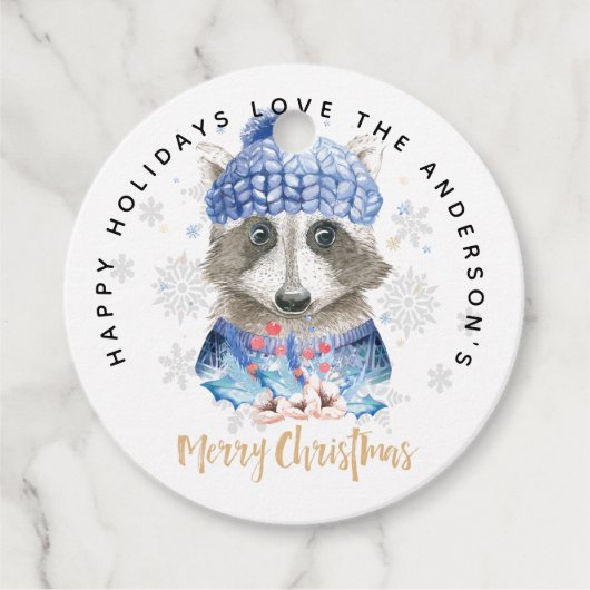 Racoon-kerstcadeautjes met blauwe Waterverf Bedankjes Labels (Voorkant)