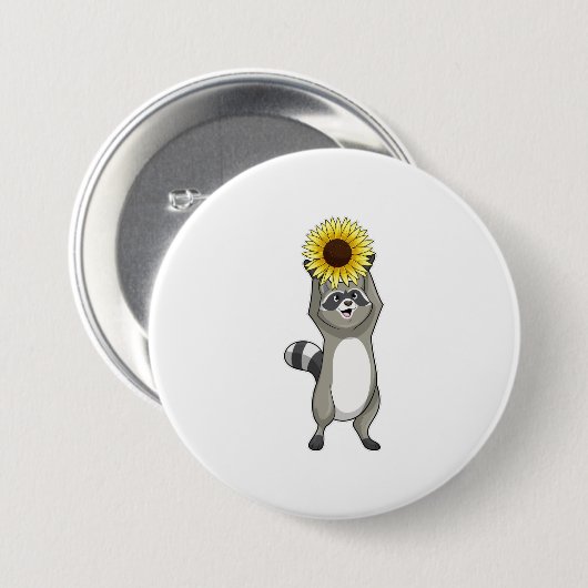 Racoon met zonnebloem ronde button 7,6 cm (Voorkant /achterkant)
