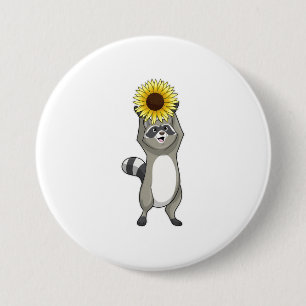 Racoon met zonnebloem ronde button 7,6 cm