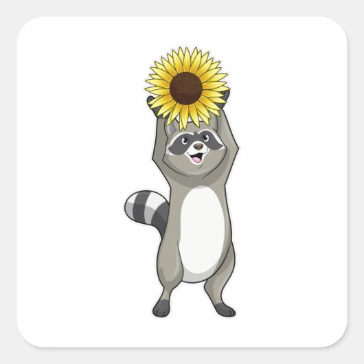 Racoon met zonnebloem vierkante sticker (Voorkant)