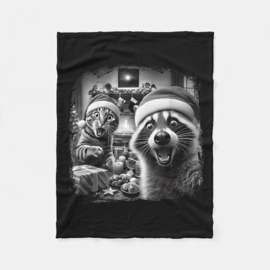 Racoon Santa Funny Cat Taking Selfie Christmas Xma Fleece Deken (Voorkant)