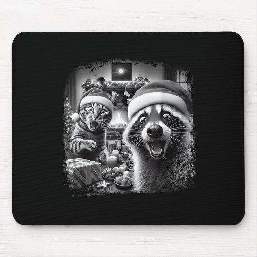 Racoon Santa Funny Cat Taking Selfie Christmas Xma Muismat (Voorkant)