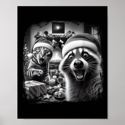 Racoon Santa Funny Cat Taking Selfie Christmas Xma Poster (Voorkant)