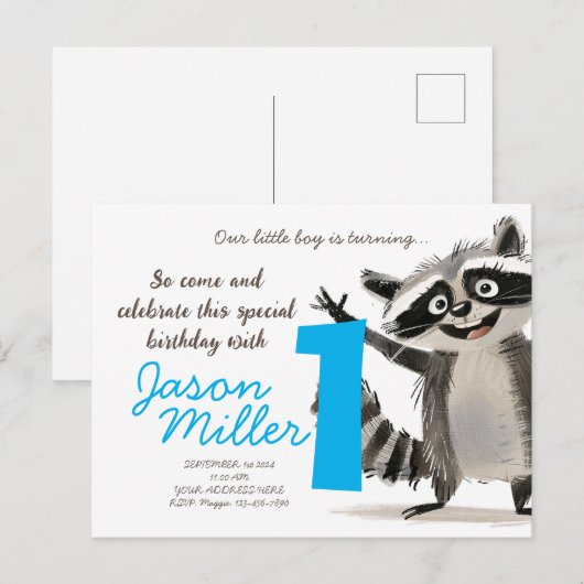 Racoon thema verjaardagsfeestje voor babe draaien uitnodiging briefkaart (Voorkant / Achterkant)